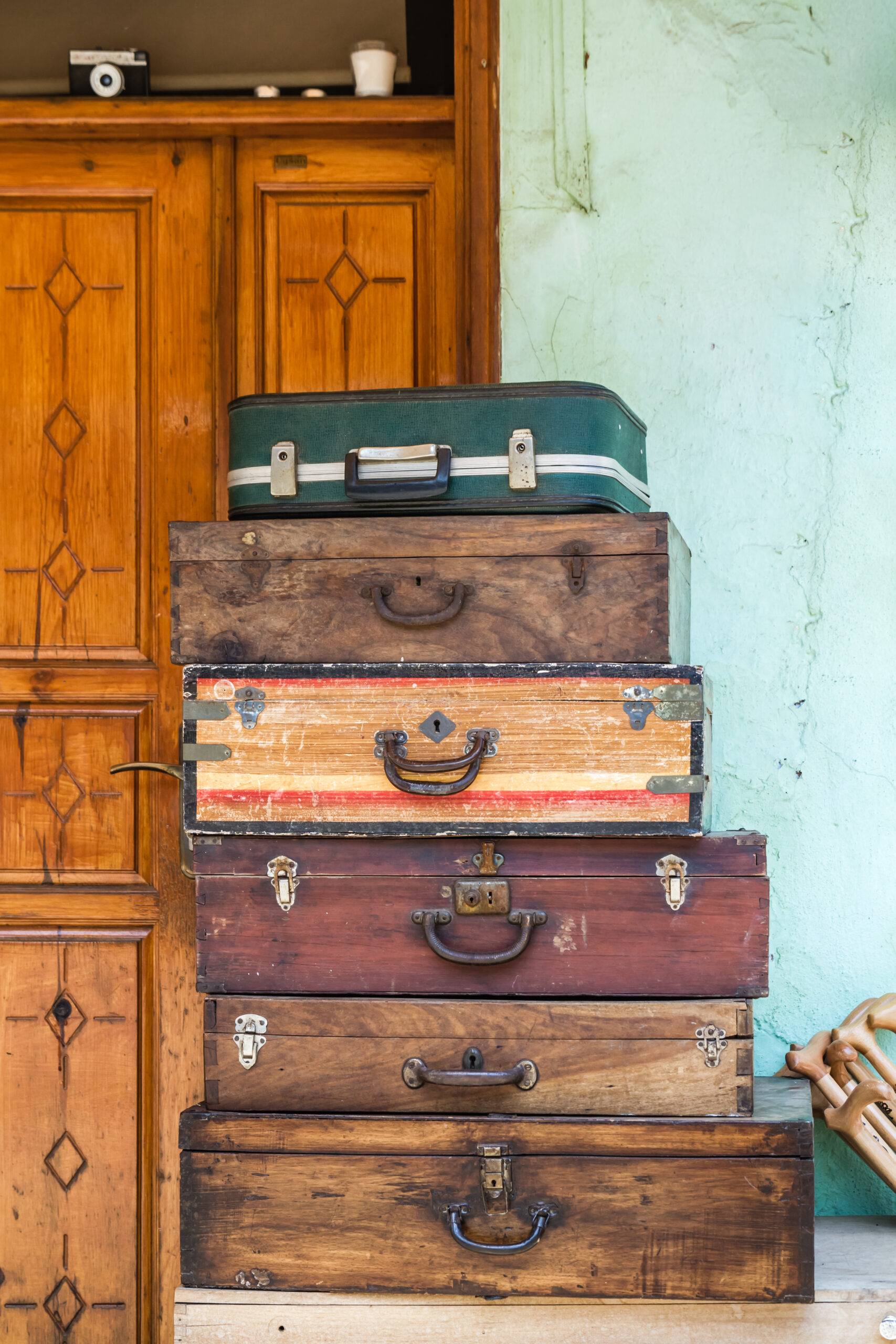 Various Old Model Wooden Suitcases in an Antique Shop